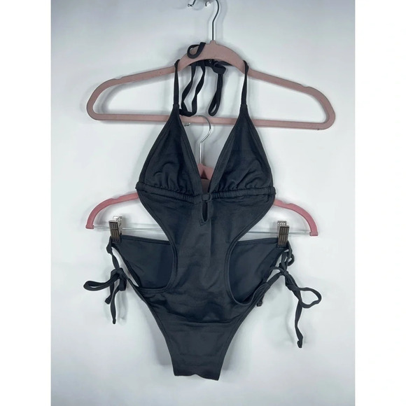 All Saints Mirelle Swimsuit Black Cut Out One Piece Halter Neutral Size 8 - Picture 1 of 8